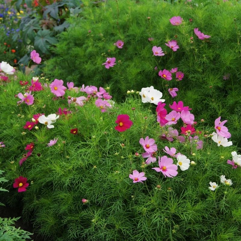 Cosmos Seeds Sensation Mix colors of Pink, White, and Maroon Cosmos Flower Seeds.
